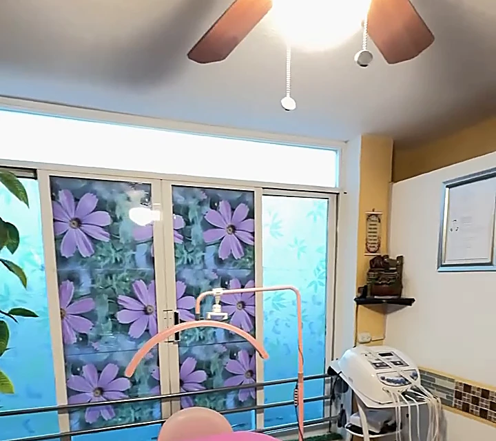 Cabina con ventana de vitral de flores y equipo de radiofrecuencia