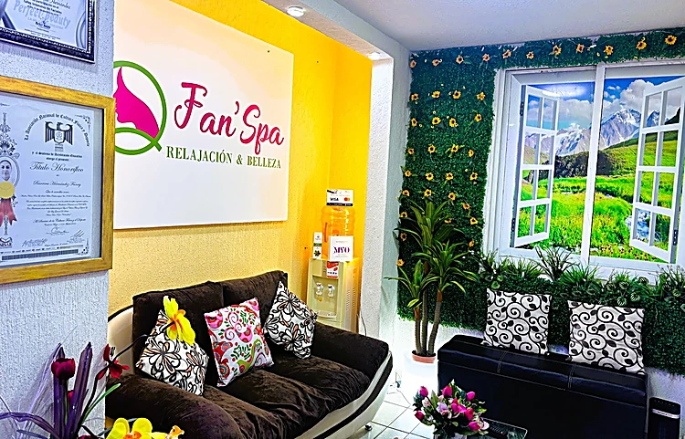 Sala de espera con el logo de Fan Spa en la pared amarilla y un muro verde con ventana pintada